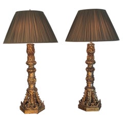 Antique Pair Italian Gothic Gilt Wood Candle Sticks, Converted into Lamps