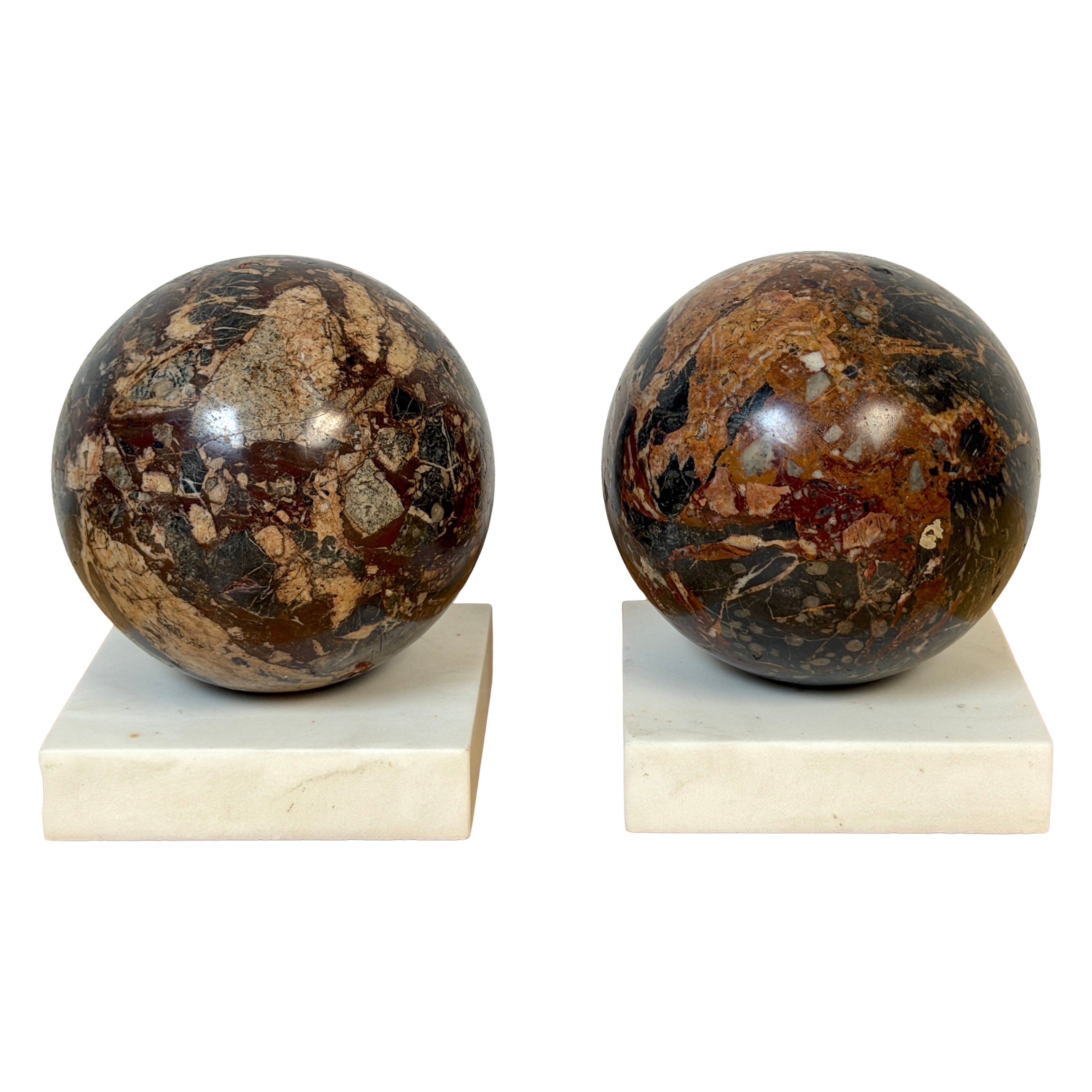 Pair Italian Grand Tour Style Brecciated Specimen Marble Spheres Carrara Bases