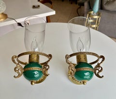 Pair Italian Green & Brass Faux Oil Lamp Wall Sconces