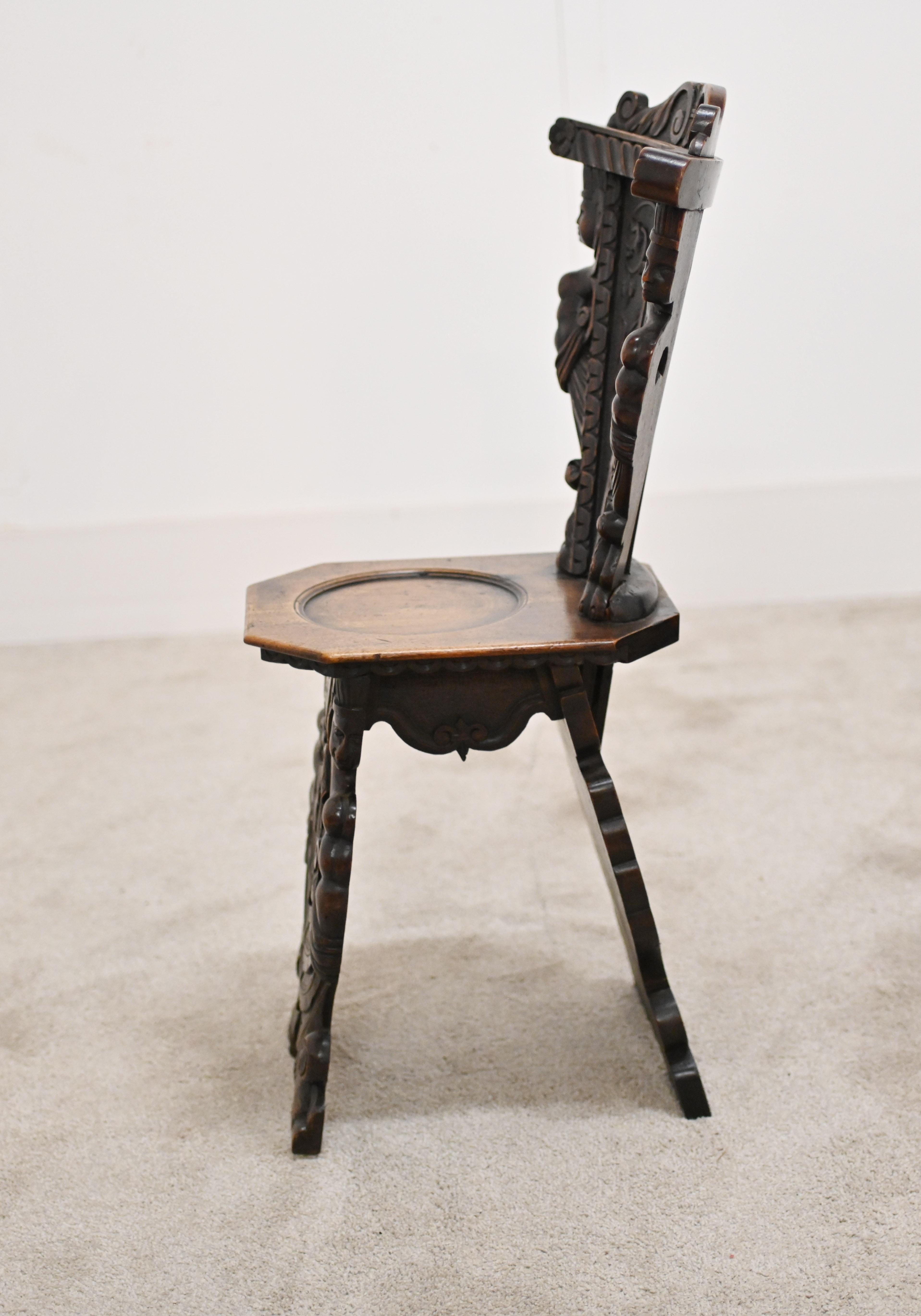 Wood Pair Italian Hall Chairs Antique Hand Carved 1880