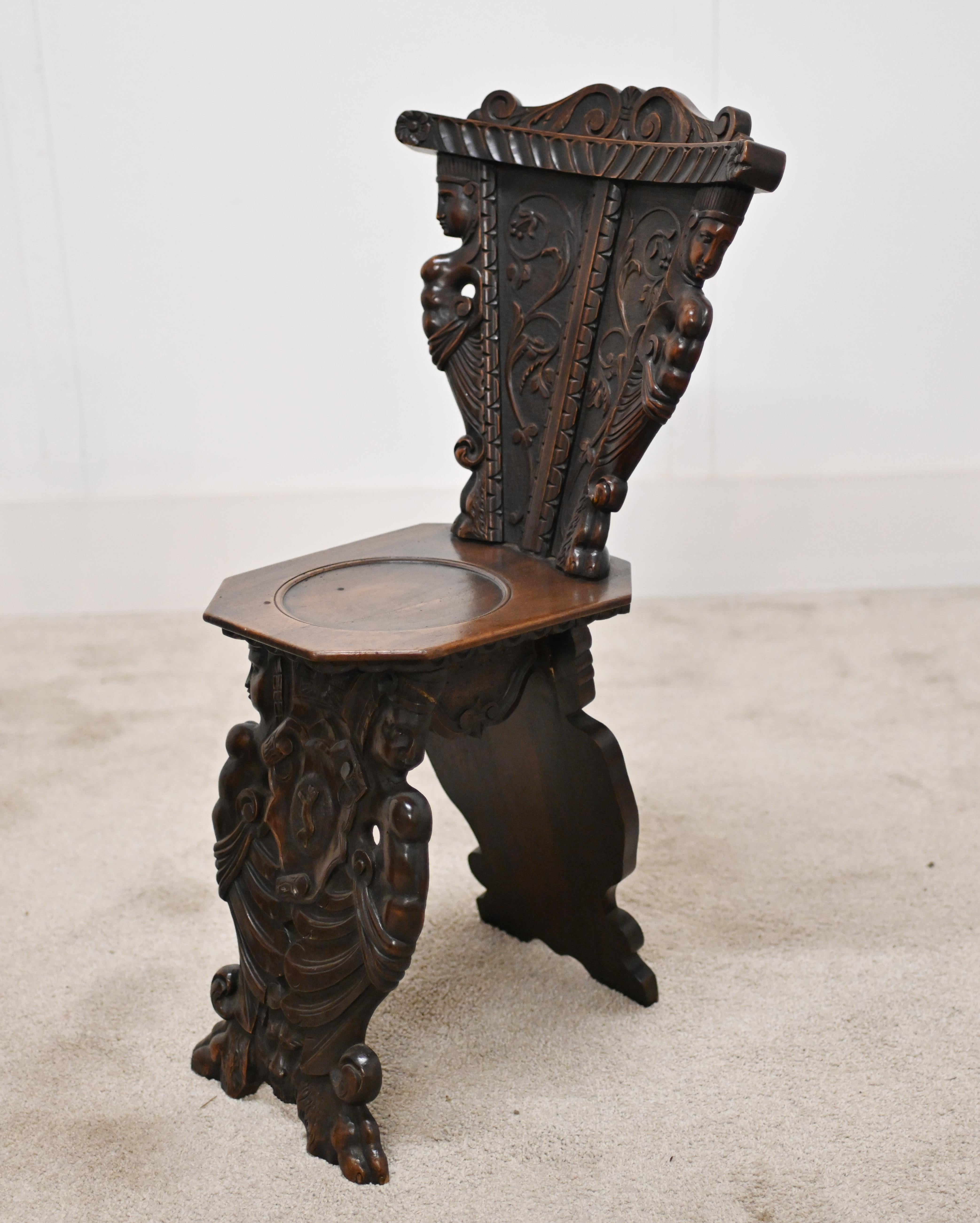 Pair Italian Hall Chairs Antique Hand Carved 1880 1