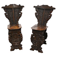 Pair Italian Hall Chairs Antique Hand Carved 1880