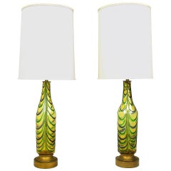 Pair of Italian Handblown Saffron, Green and Blue Ribbed Glass Table Lamps