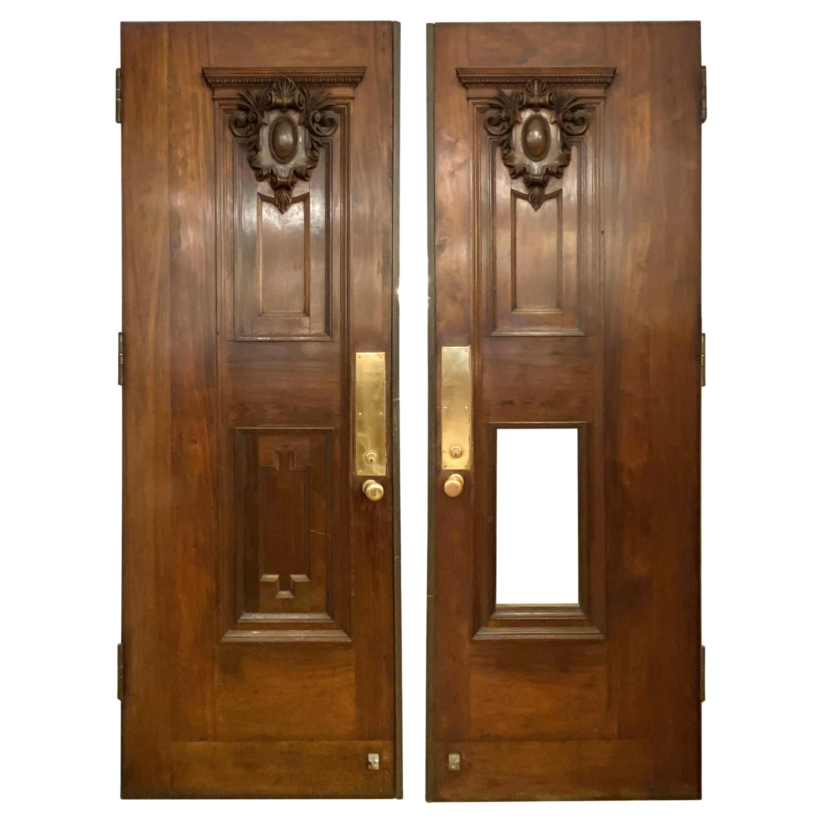 Pair Italian Hand Carved Cartouche Solid Walnut Doors For Sale