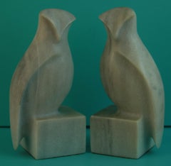 Pair Italian Hand Carved Marble Owl Bookends/Sculptures