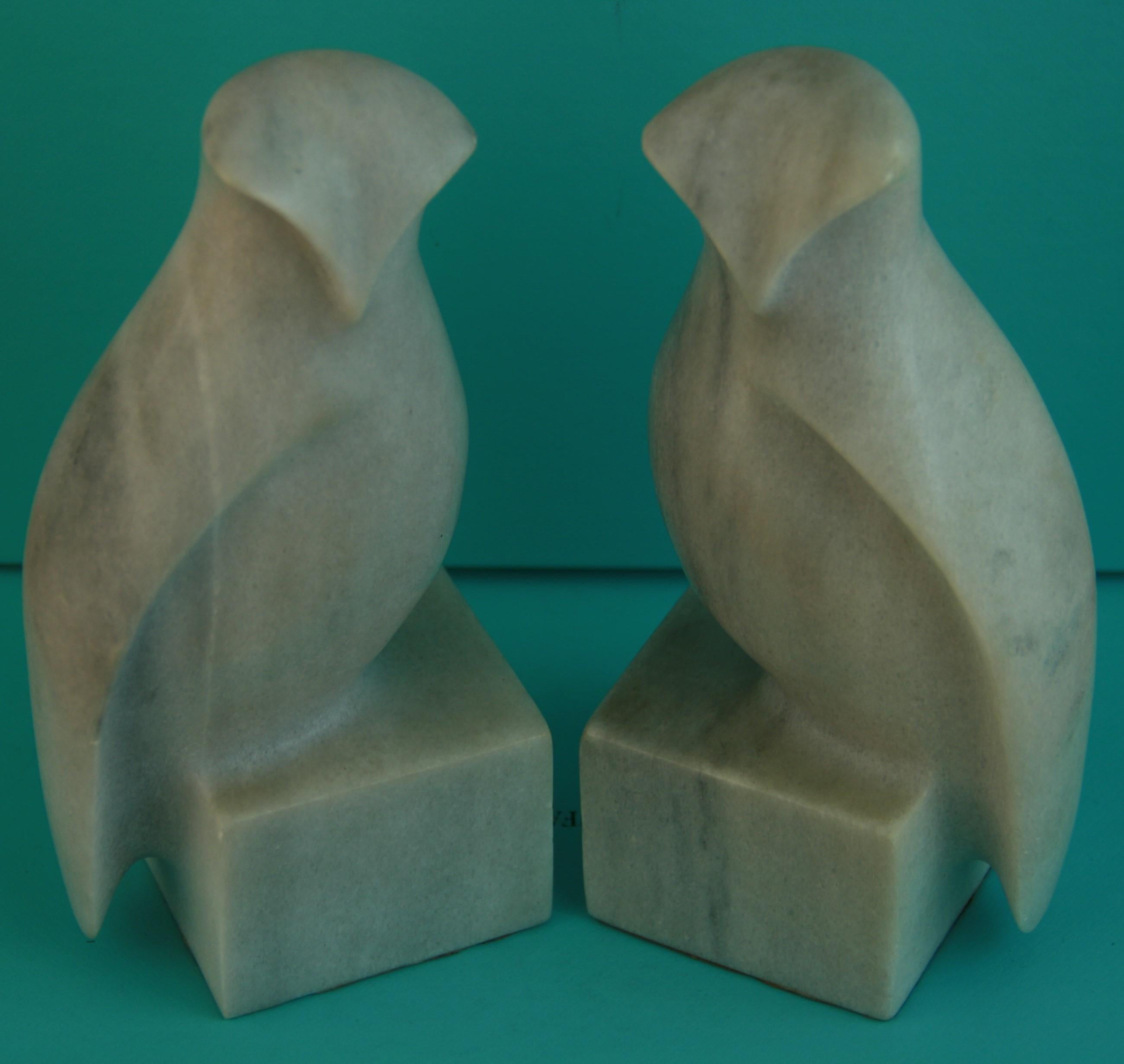 Mid-20th Century Pair Italian Hand Carved Marble Owl Bookends/Sculptures