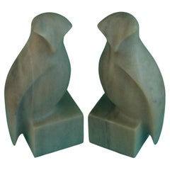 Pair Italian Hand Carved Marble Owl Bookends/Sculptures