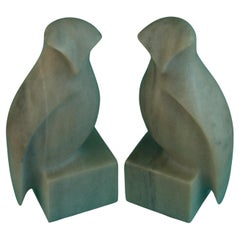 Vintage Pair Italian Hand Carved Marble Owl Bookends/Sculptures