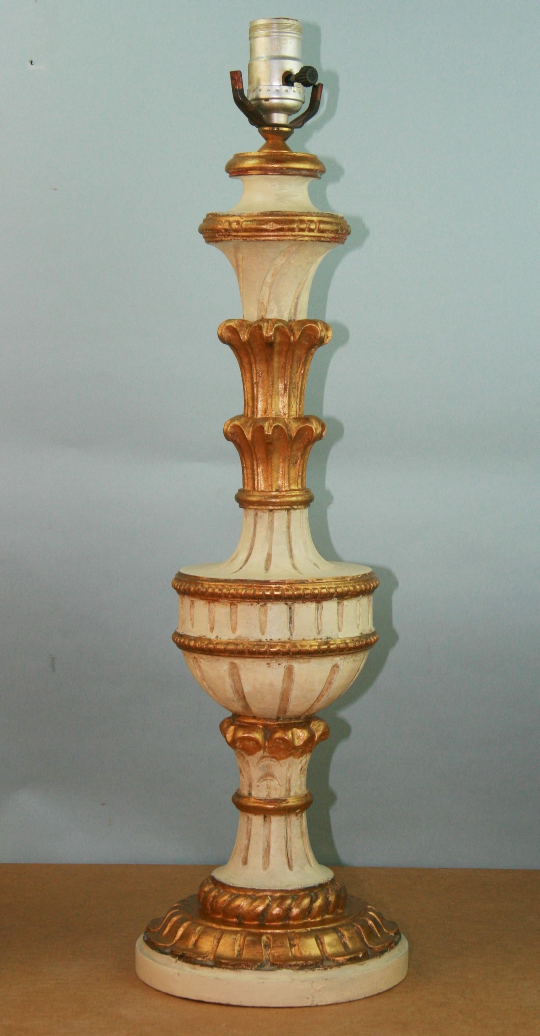 Hardwood Pair Italian Hand Carved Gilt Wood Lamps Painted Lamps circa 1940's For Sale