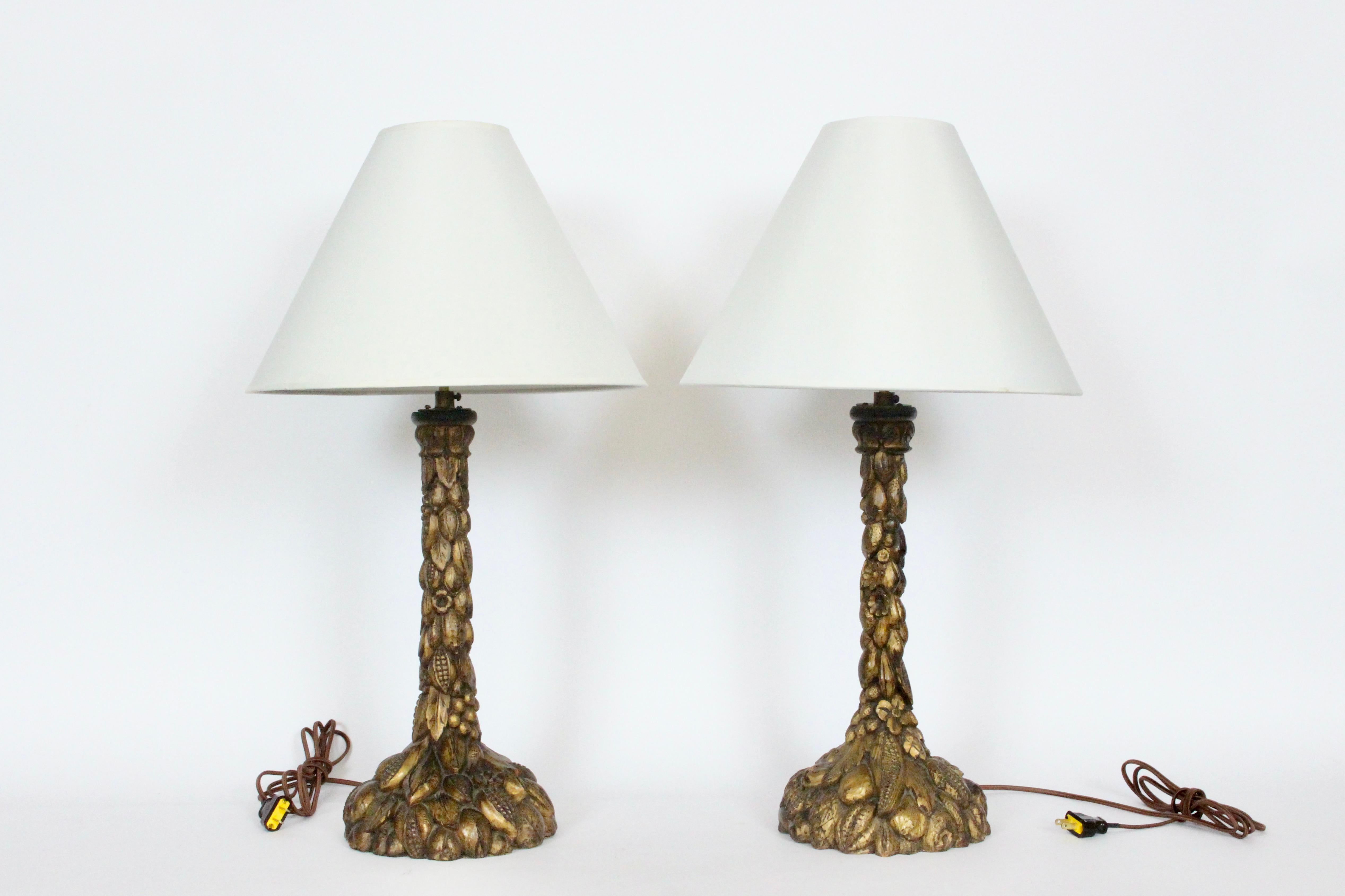Pair of Italian Hand Carved Wooden Ormolu Candlestick Table Lamps, 1920's For Sale 14
