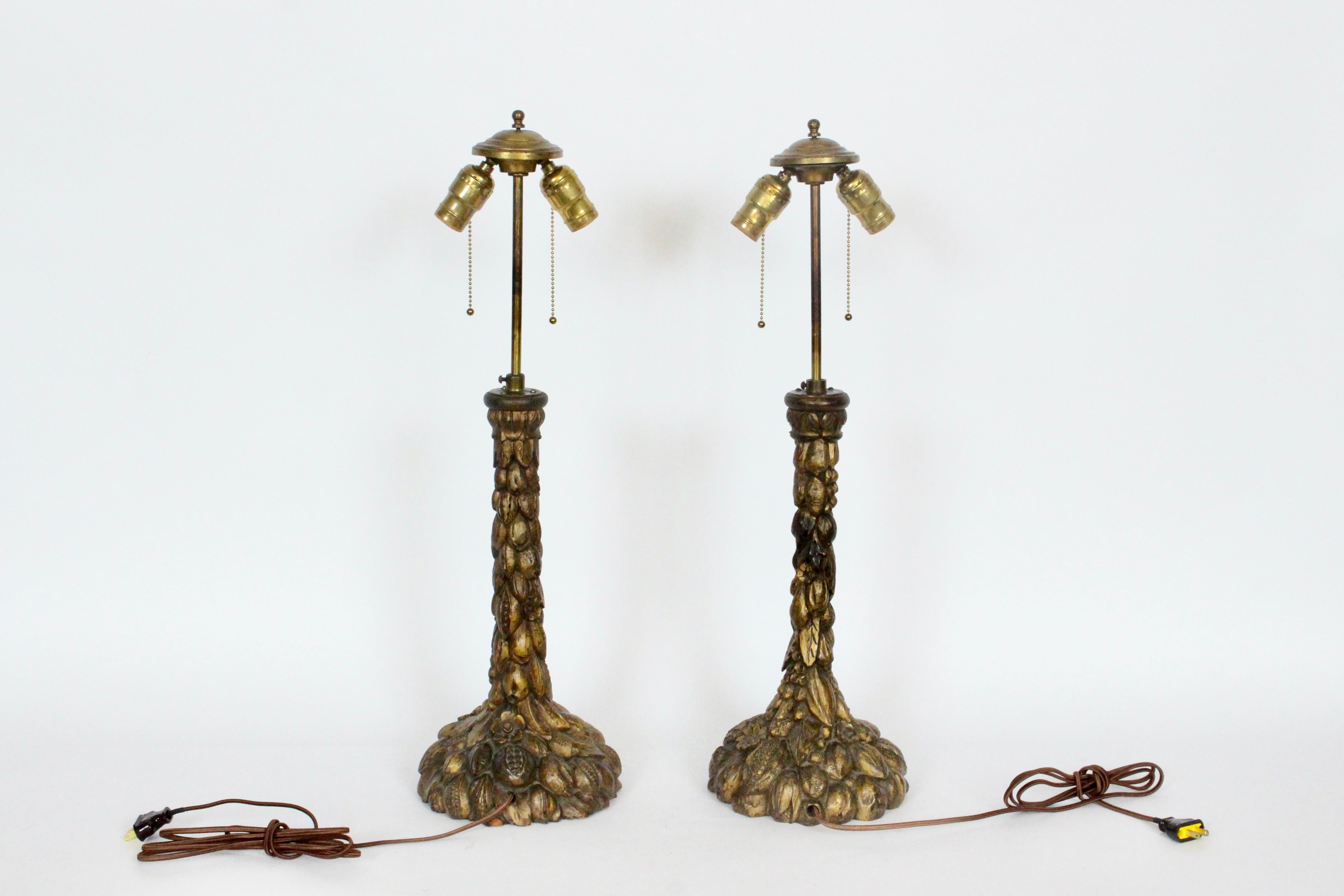 Gilt Pair of Italian Hand Carved Wooden Ormolu Candlestick Table Lamps, 1920's For Sale