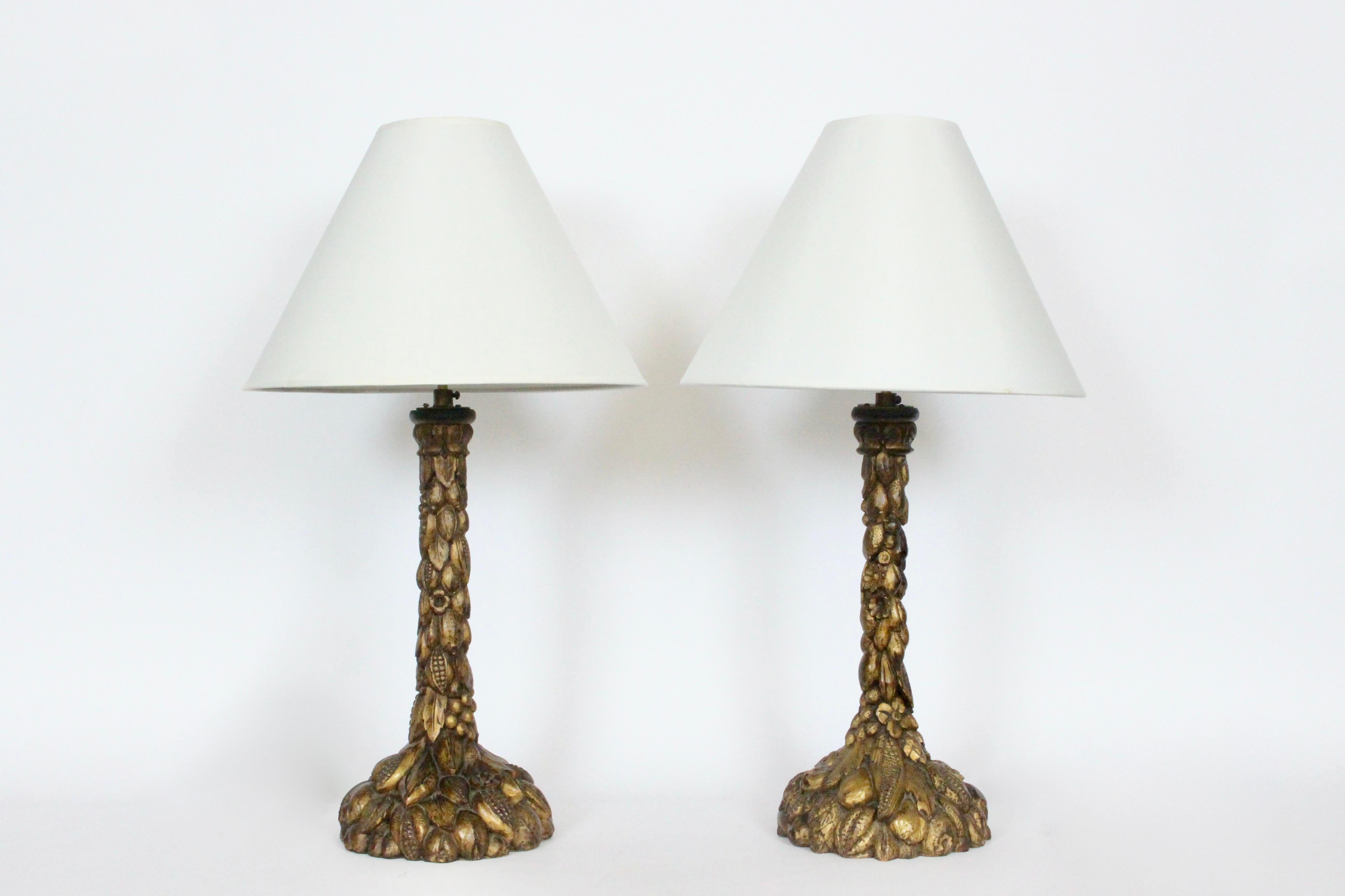 Pair of Italian Hand Carved Wooden Ormolu Candlestick Table Lamps, 1920's In Good Condition For Sale In Bainbridge, NY