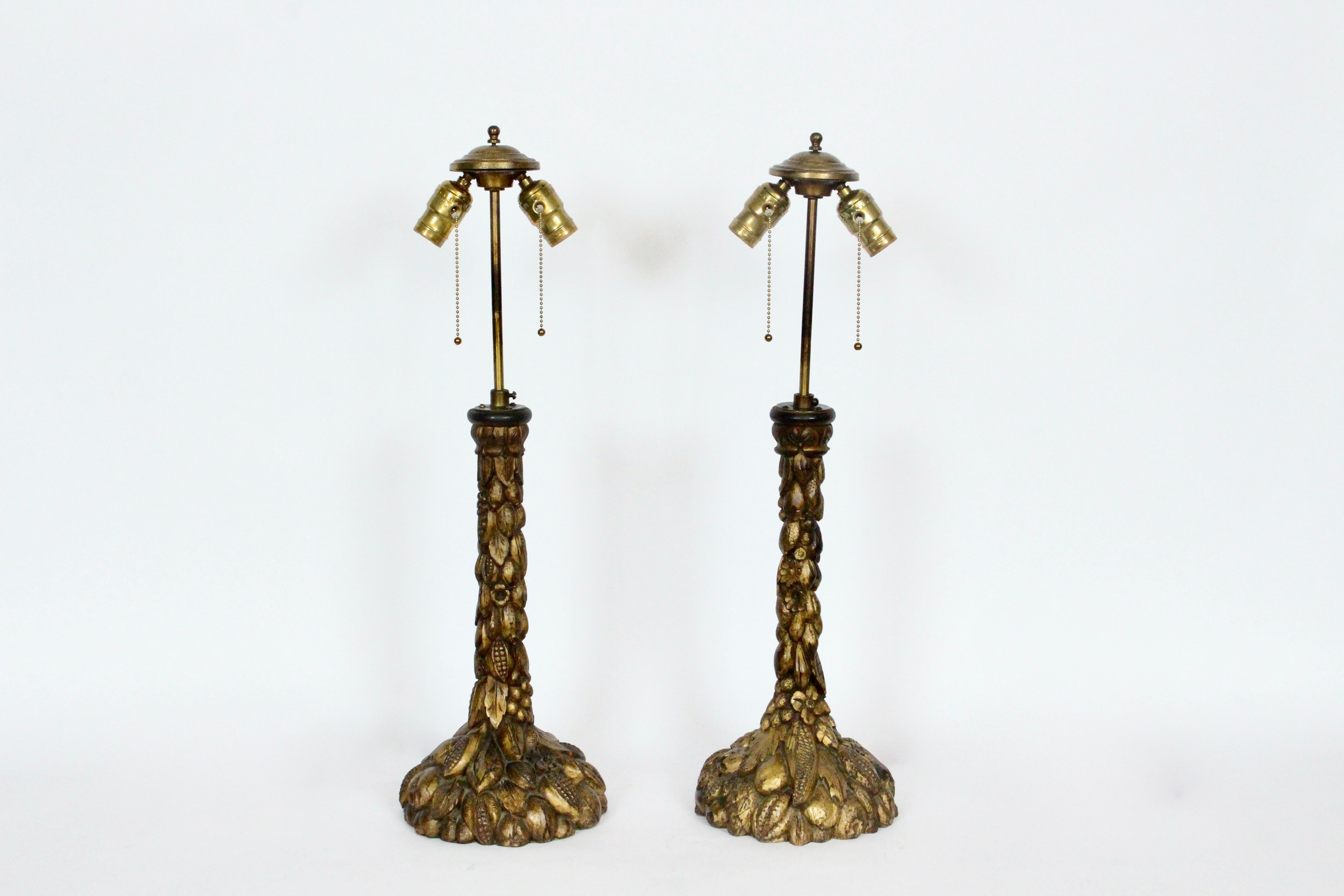 20th Century Pair of Italian Hand Carved Wooden Ormolu Candlestick Table Lamps, 1920's For Sale