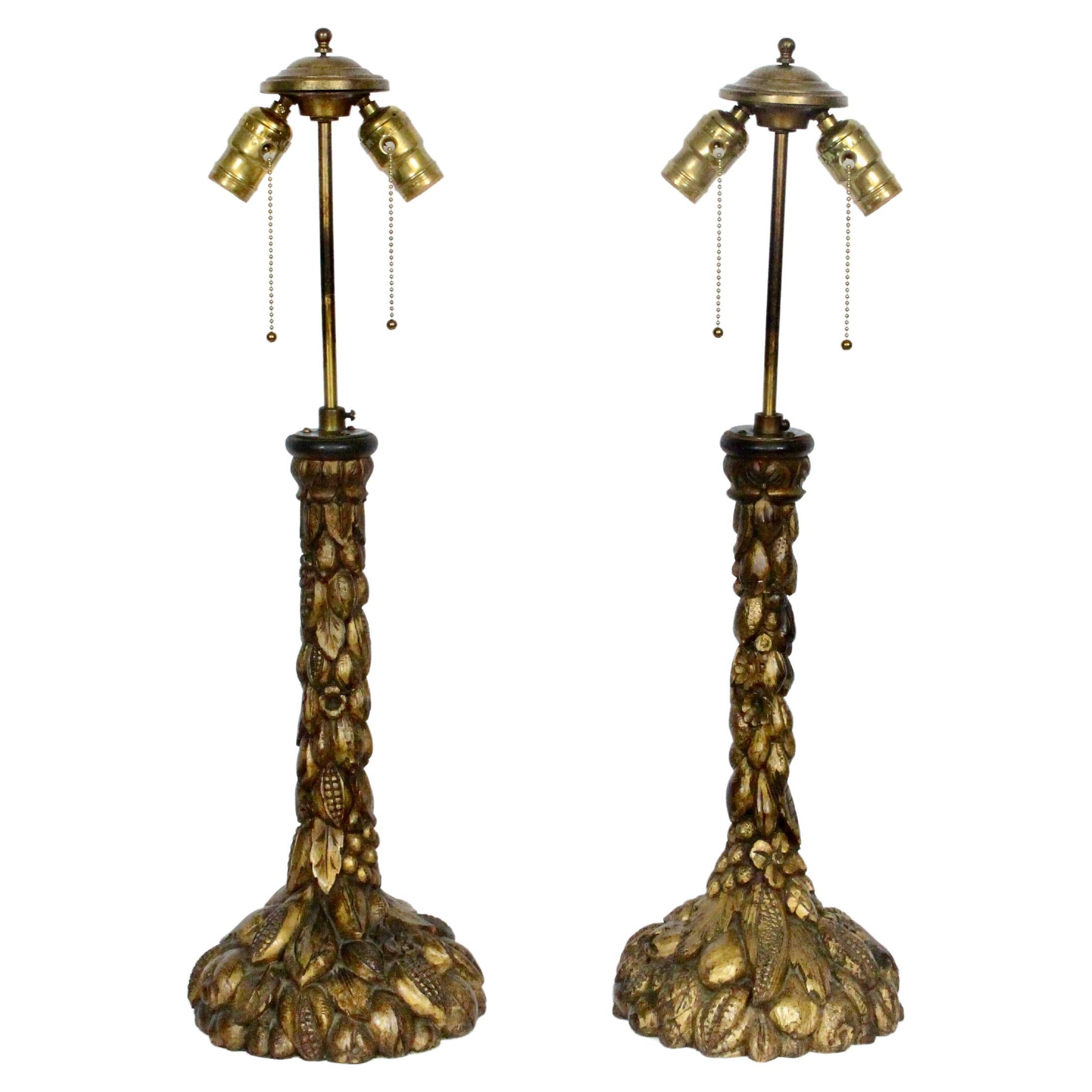 Pair of Italian Hand Carved Wooden Ormolu Candlestick Table Lamps, 1920's