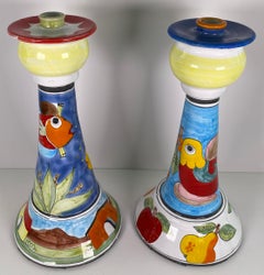 Pair Italian Hand-Painted Ceramic Candlesticks by Nino Parrucca, Whimsical