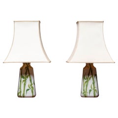 Pair Italian Hand Painted White Ceramic and Glazed Table Lamps with Bamboo Decor