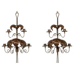 Pair Italian Hollywood Regency Brass Plume Candle Sconces