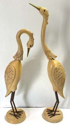 Pair Italian Hollywood Regency Carved Wood, Brass & Iron Heron Sculptures, C1980