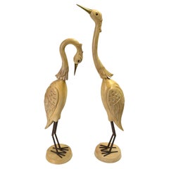 Pair Italian Hollywood Regency Carved Wood, Brass & Iron Heron Sculptures, C1980