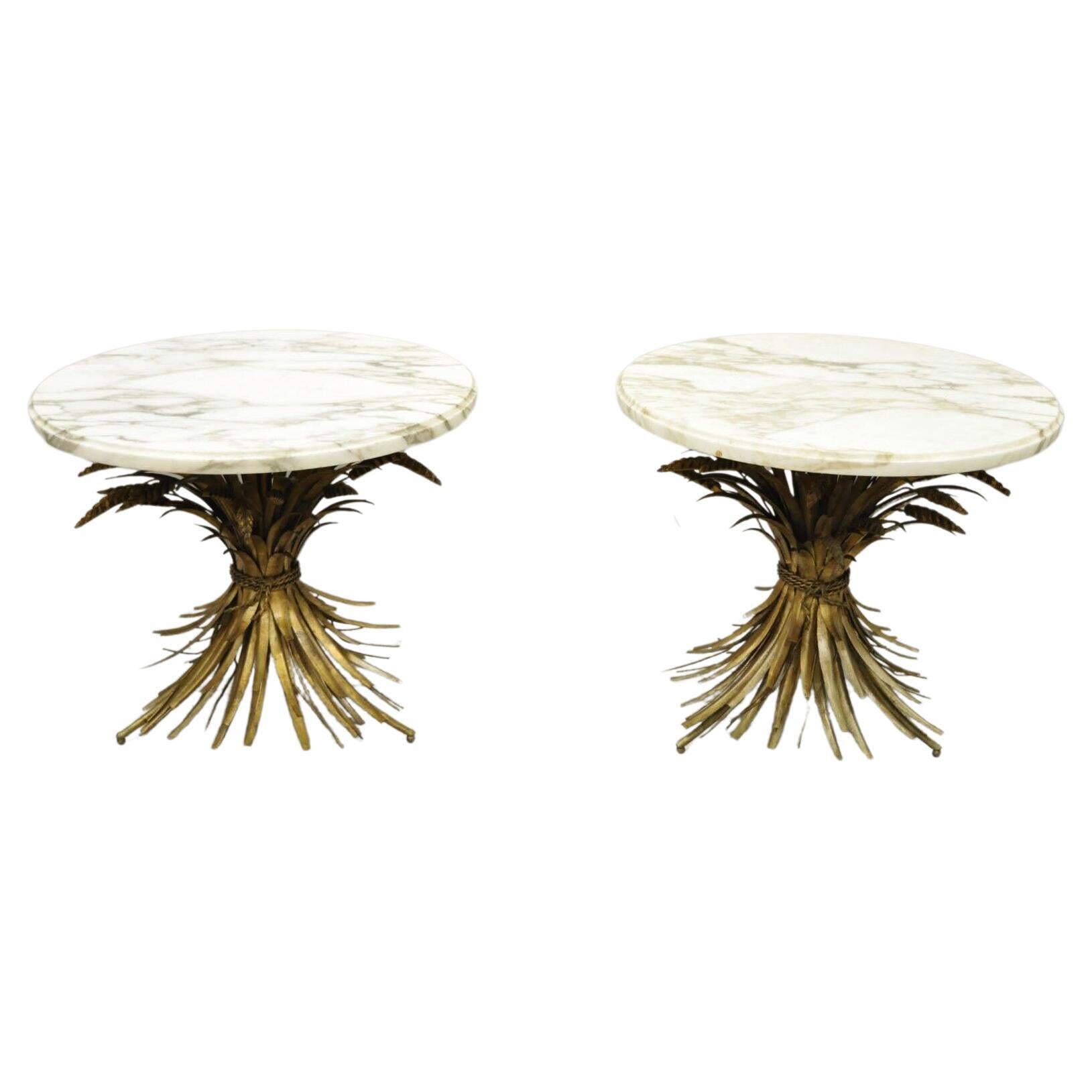 Pair Italian Hollywood Regency Gold Gilt Iron Wheat Sheaf Marble Top Side Table For Sale