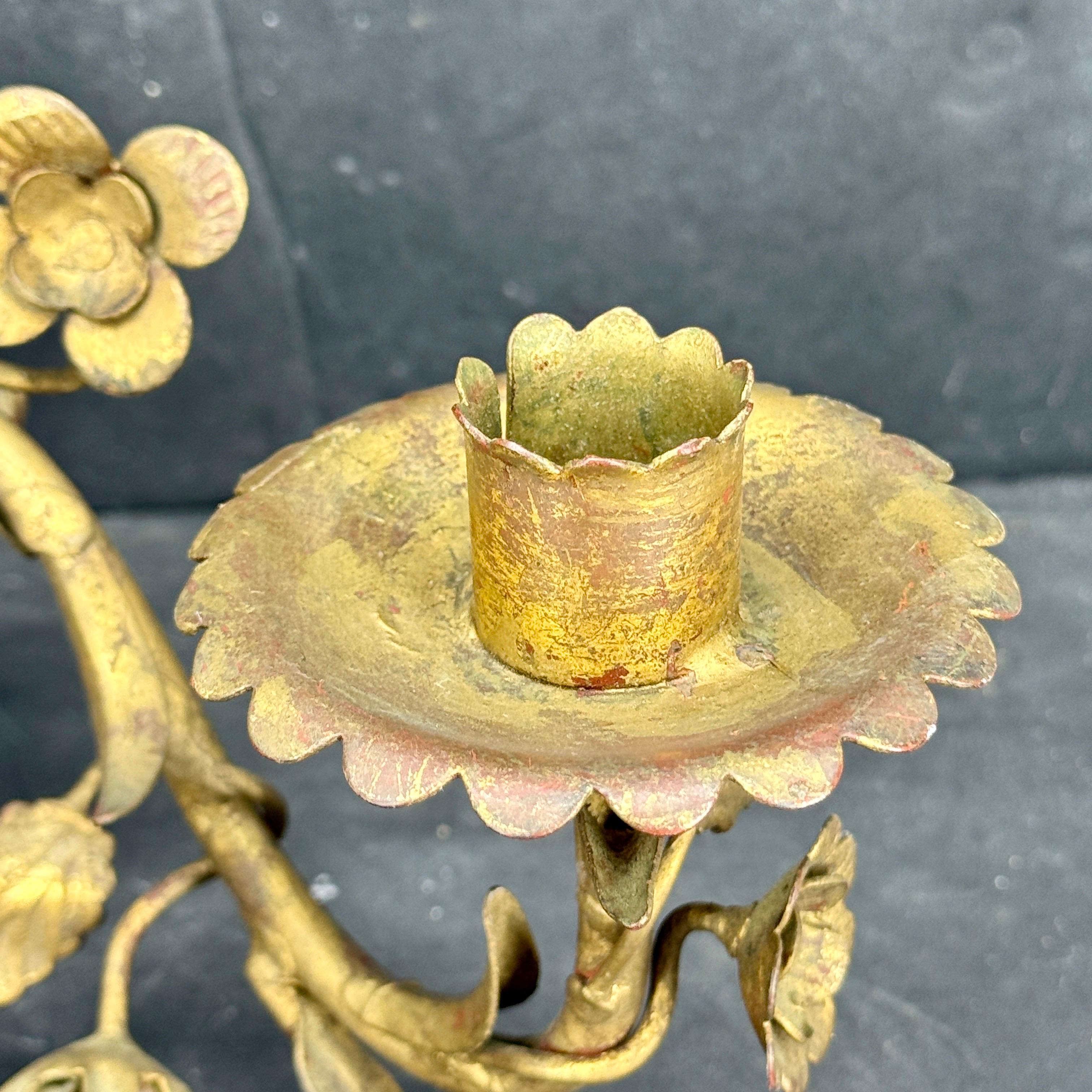 Pair Italian Hollywood Regency Gold Gilt Tole Floral Wall Sconces For Sale 5