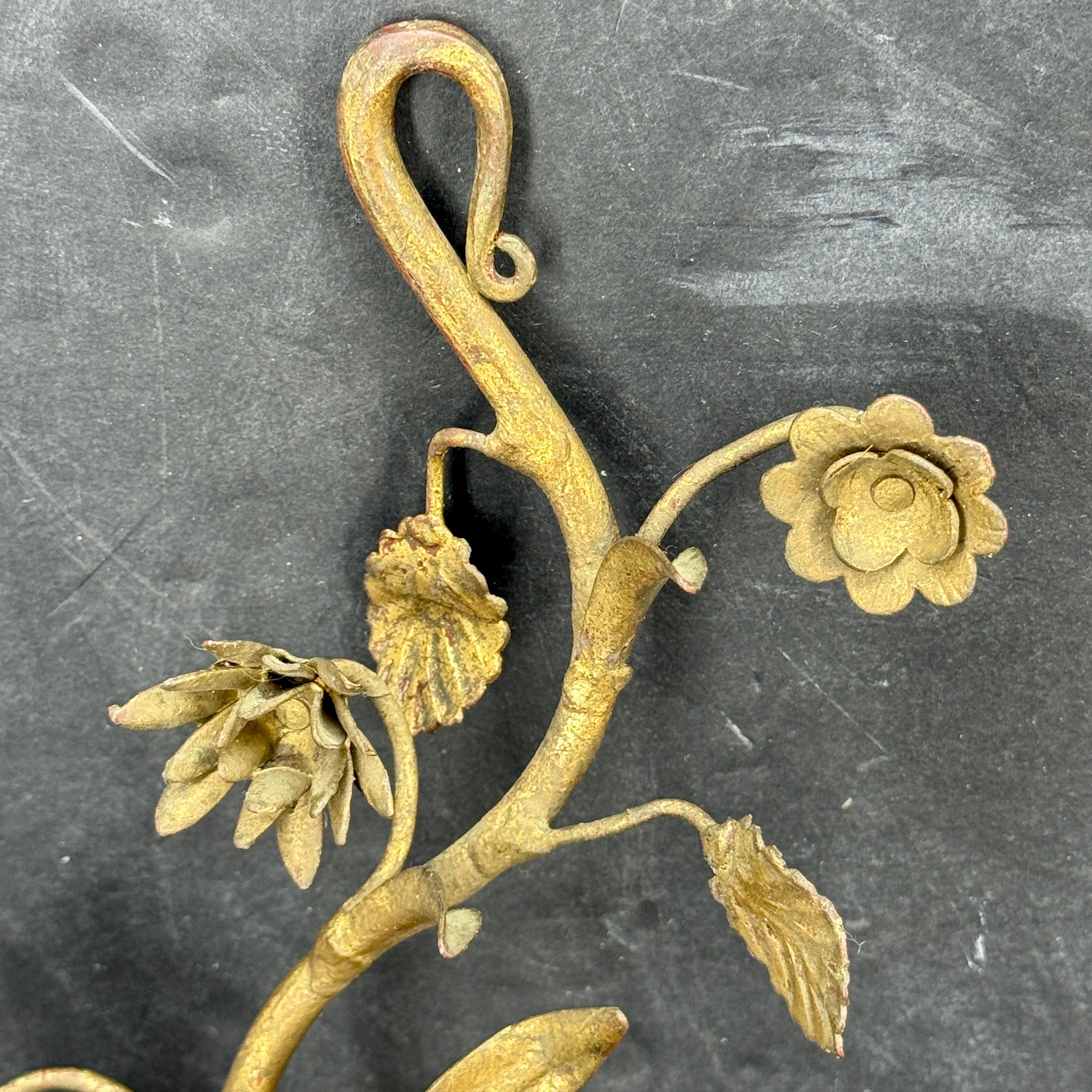 Pair Italian Hollywood Regency Gold Gilt Tole Floral Wall Sconces For Sale 6