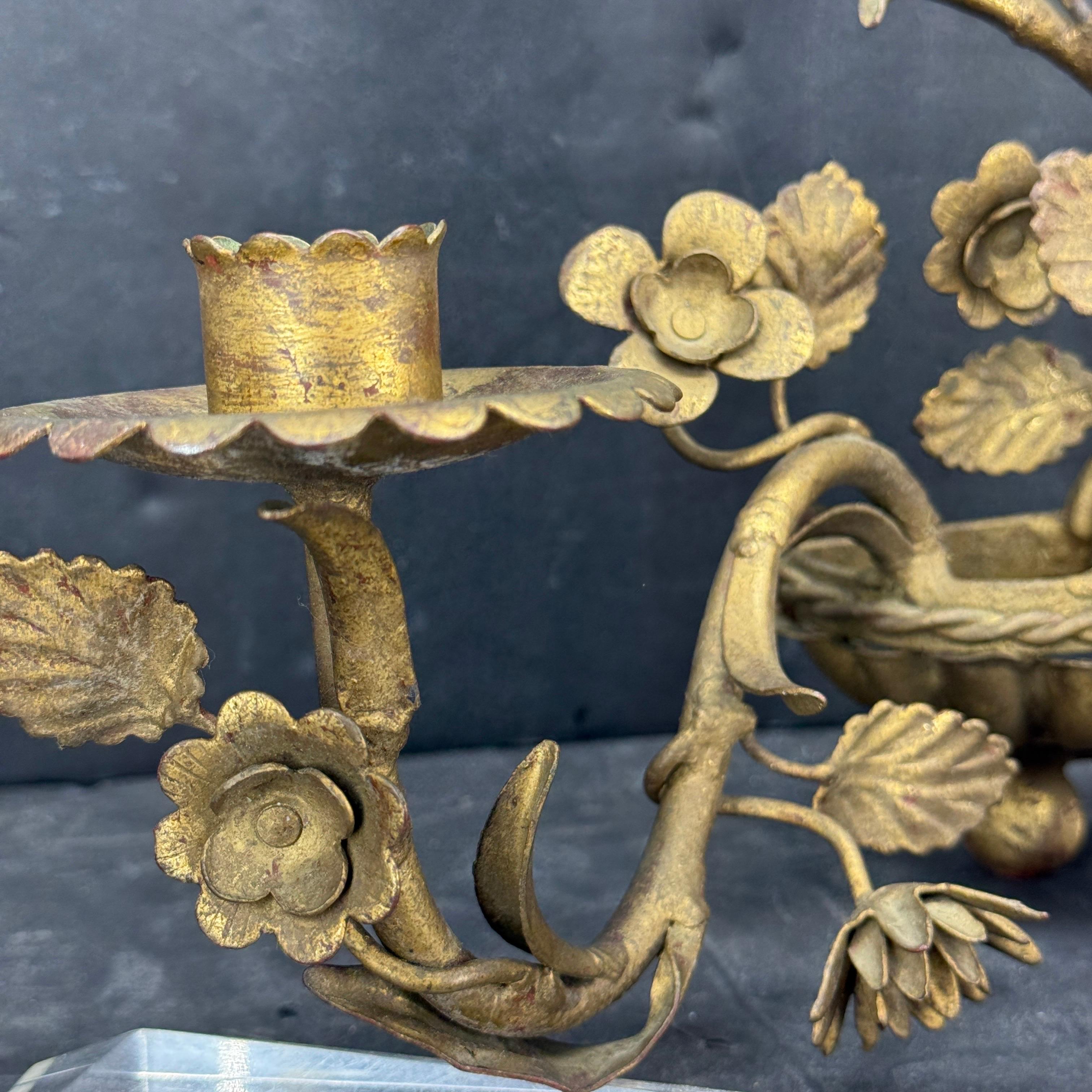 Pair Italian Hollywood Regency Gold Gilt Tole Floral Wall Sconces For Sale 7