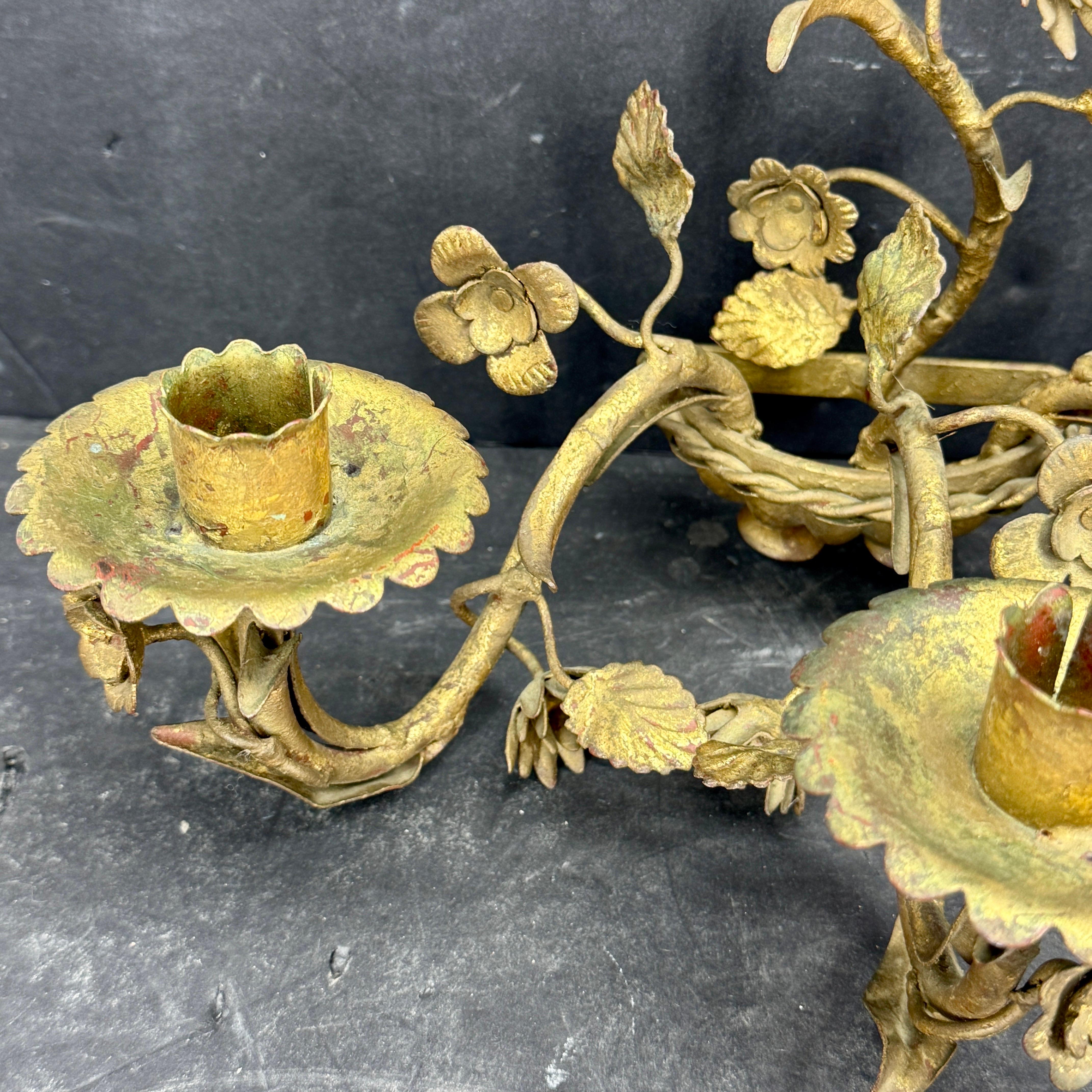 Pair Italian Hollywood Regency Gold Gilt Tole Floral Wall Sconces For Sale 8