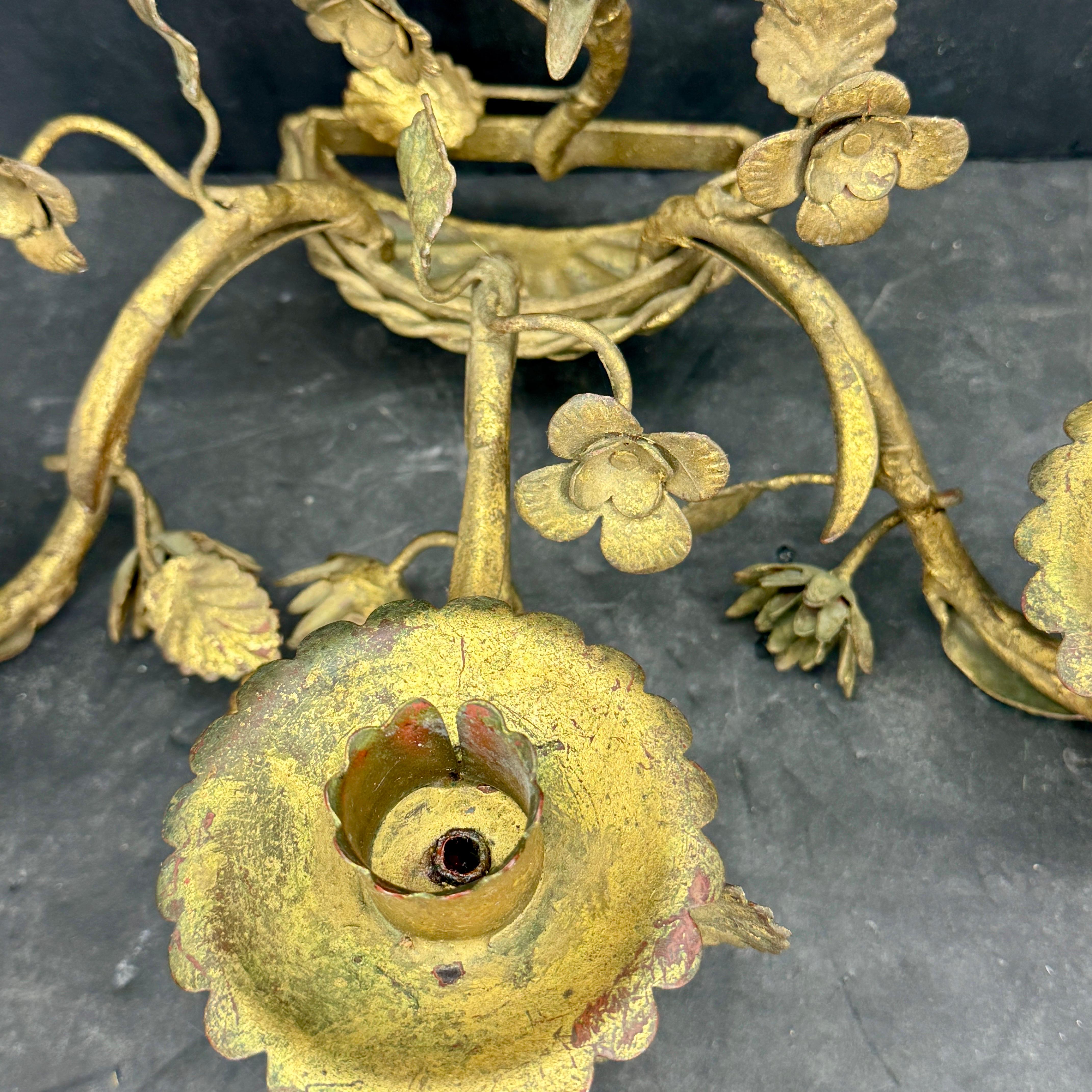 Pair Italian Hollywood Regency Gold Gilt Tole Floral Wall Sconces For Sale 9