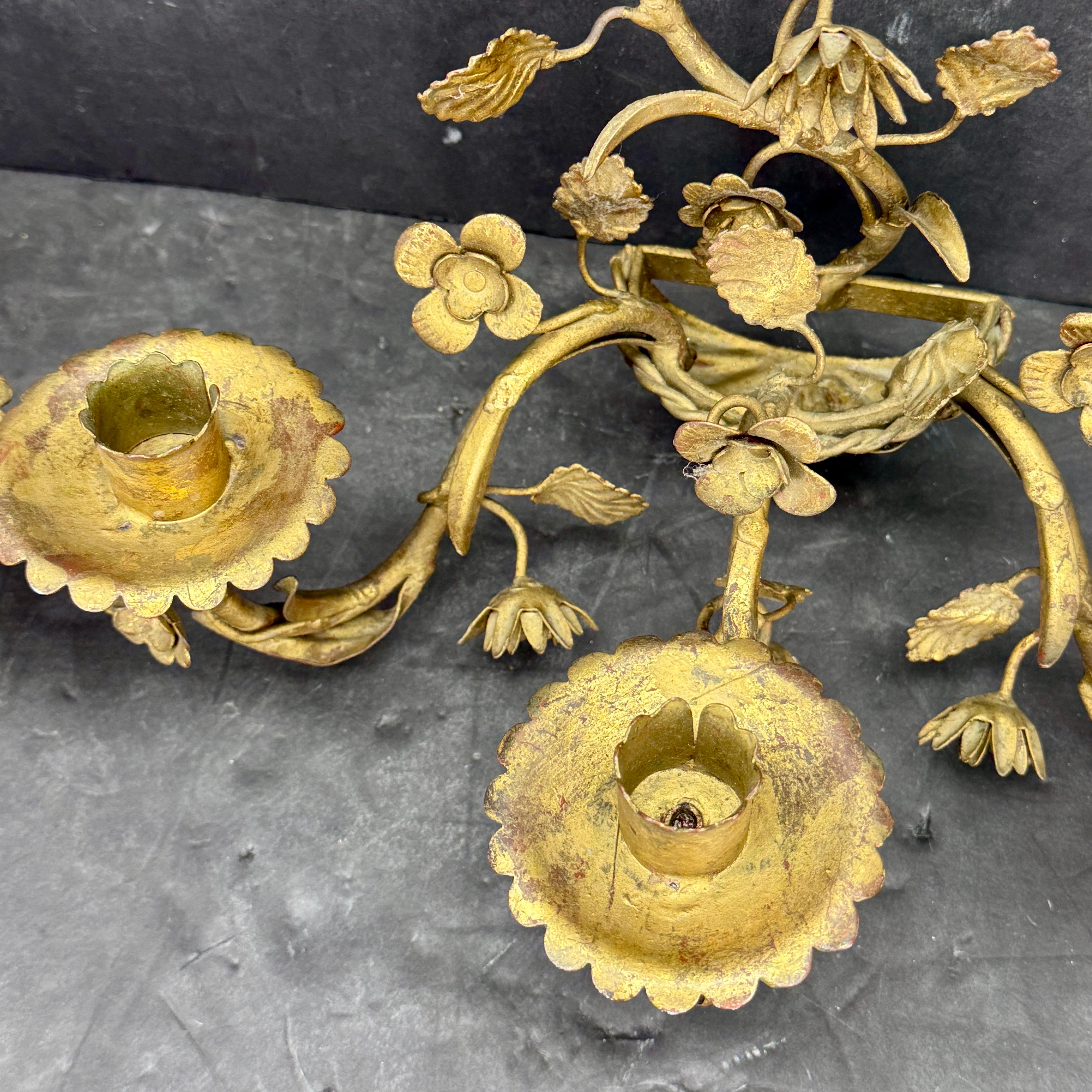 Pair Italian Hollywood Regency Gold Gilt Tole Floral Wall Sconces For Sale 10