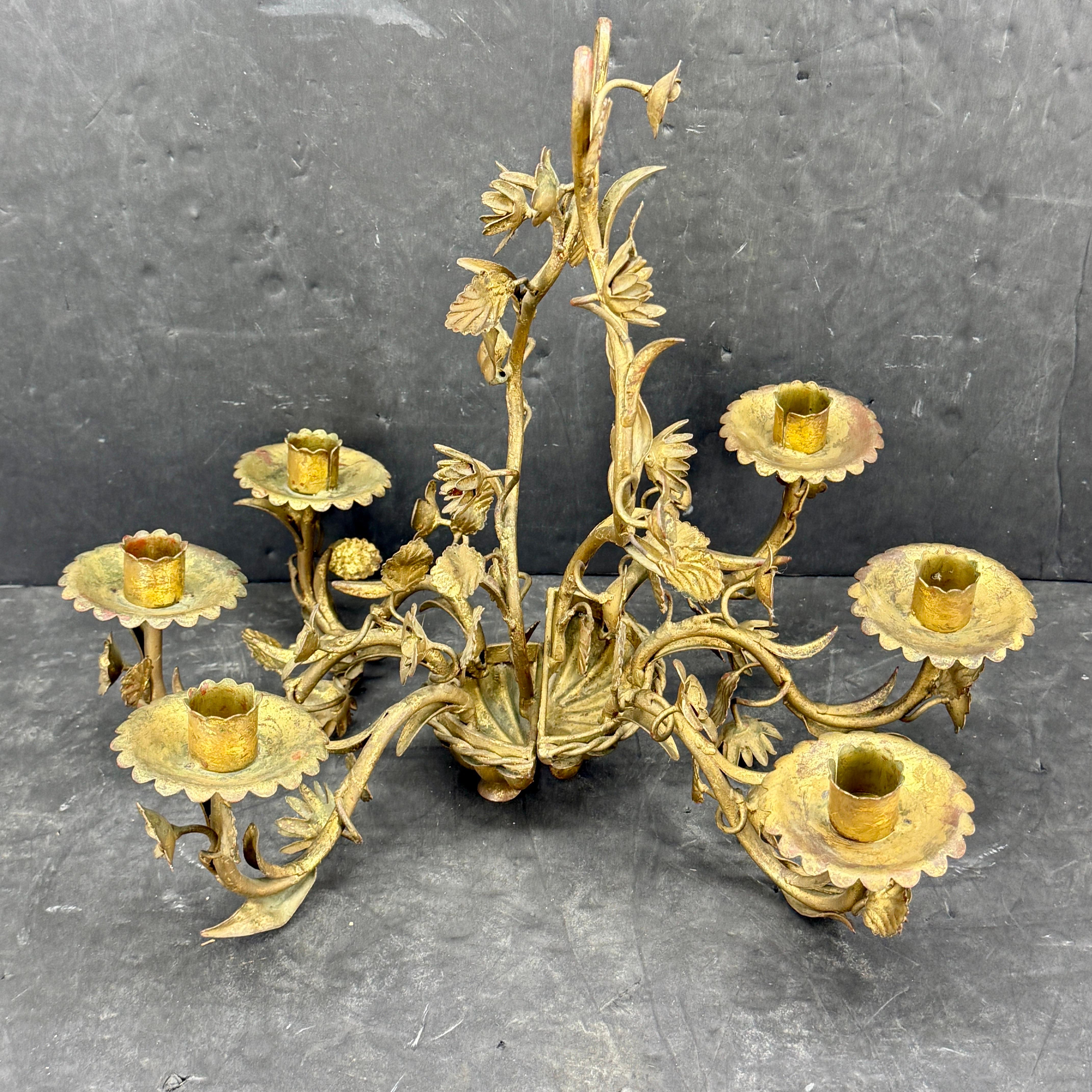 20th Century Pair Italian Hollywood Regency Gold Gilt Tole Floral Wall Sconces For Sale