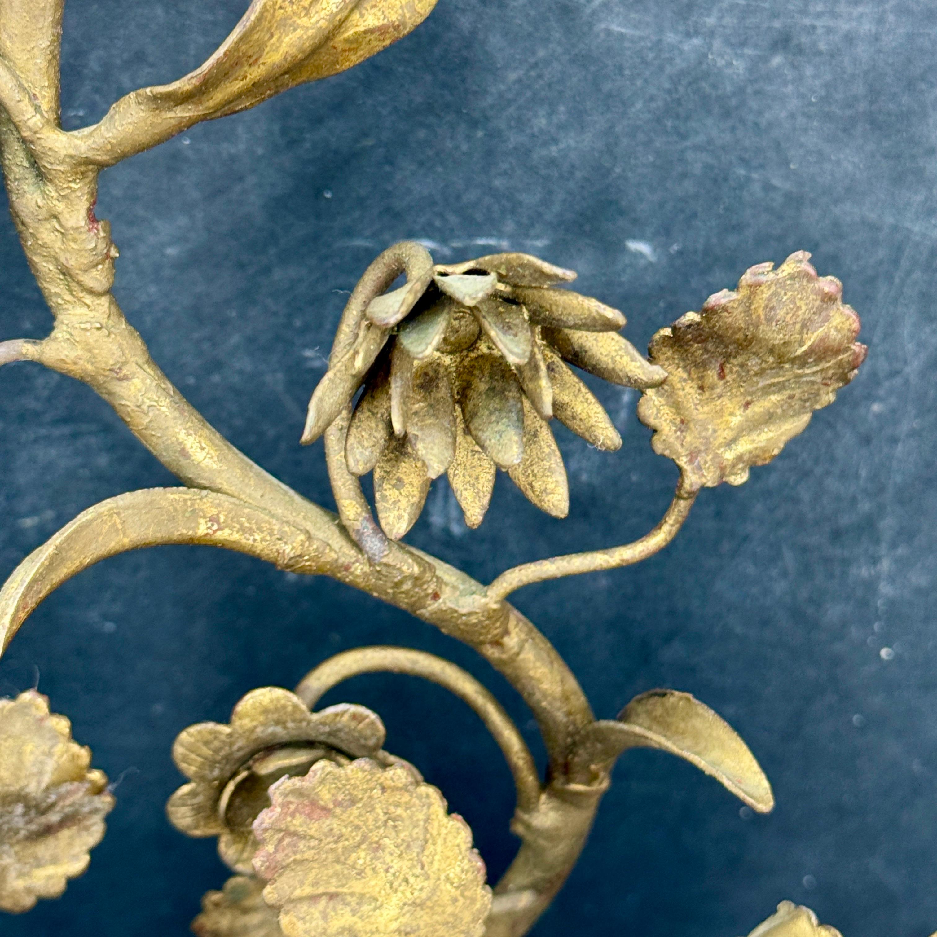 Metal Pair Italian Hollywood Regency Gold Gilt Tole Floral Wall Sconces For Sale