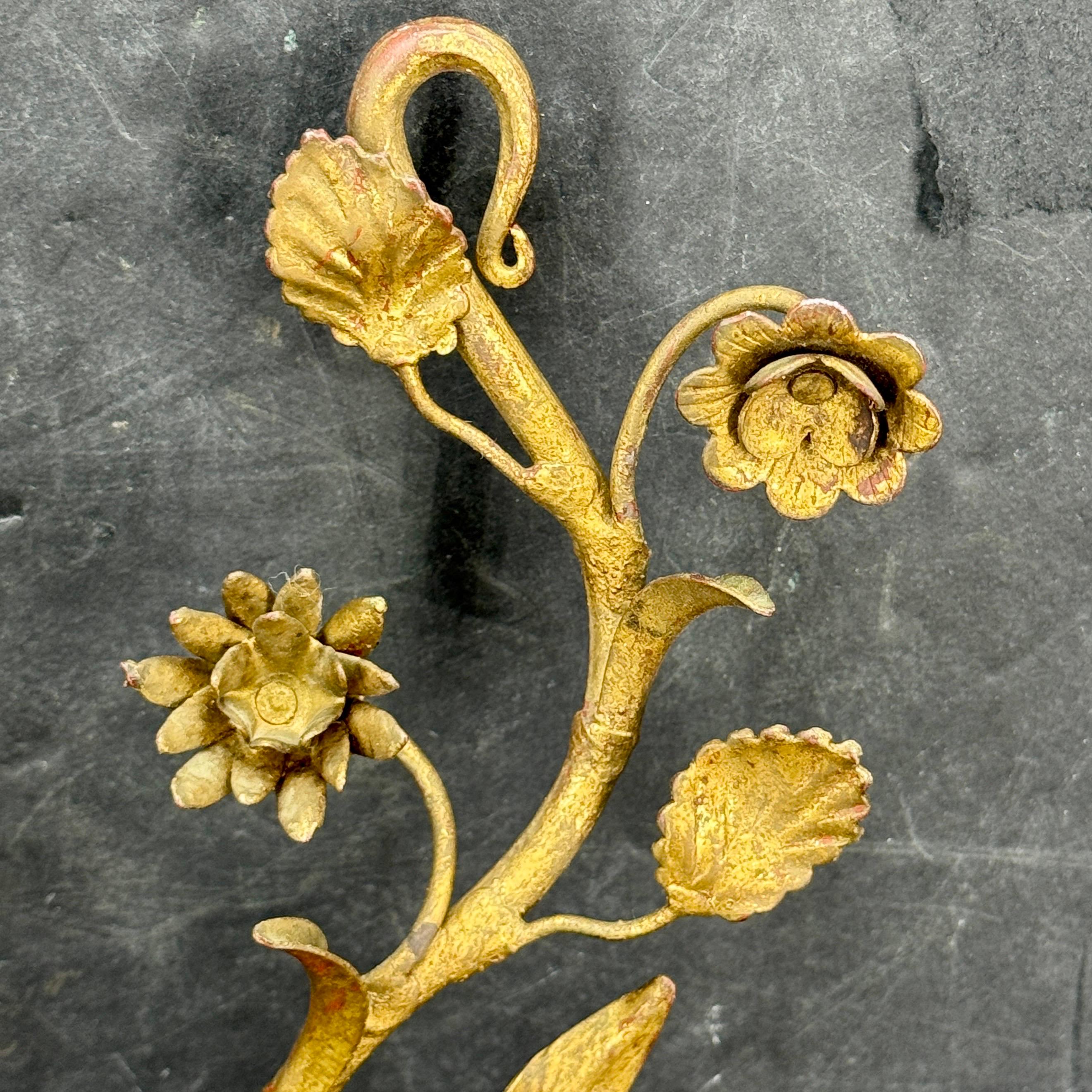Pair Italian Hollywood Regency Gold Gilt Tole Floral Wall Sconces For Sale 1