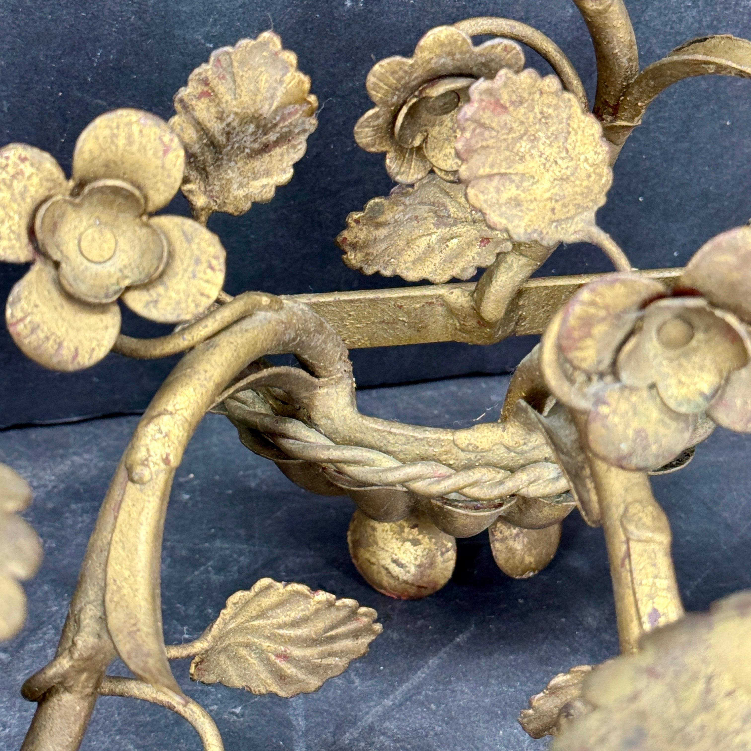 Pair Italian Hollywood Regency Gold Gilt Tole Floral Wall Sconces For Sale 2