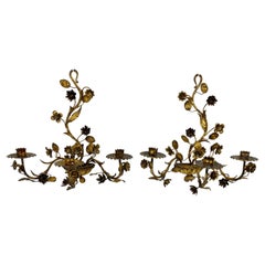 Pair Italian Hollywood Regency Gold Gilt Tole Floral Wall Sconces