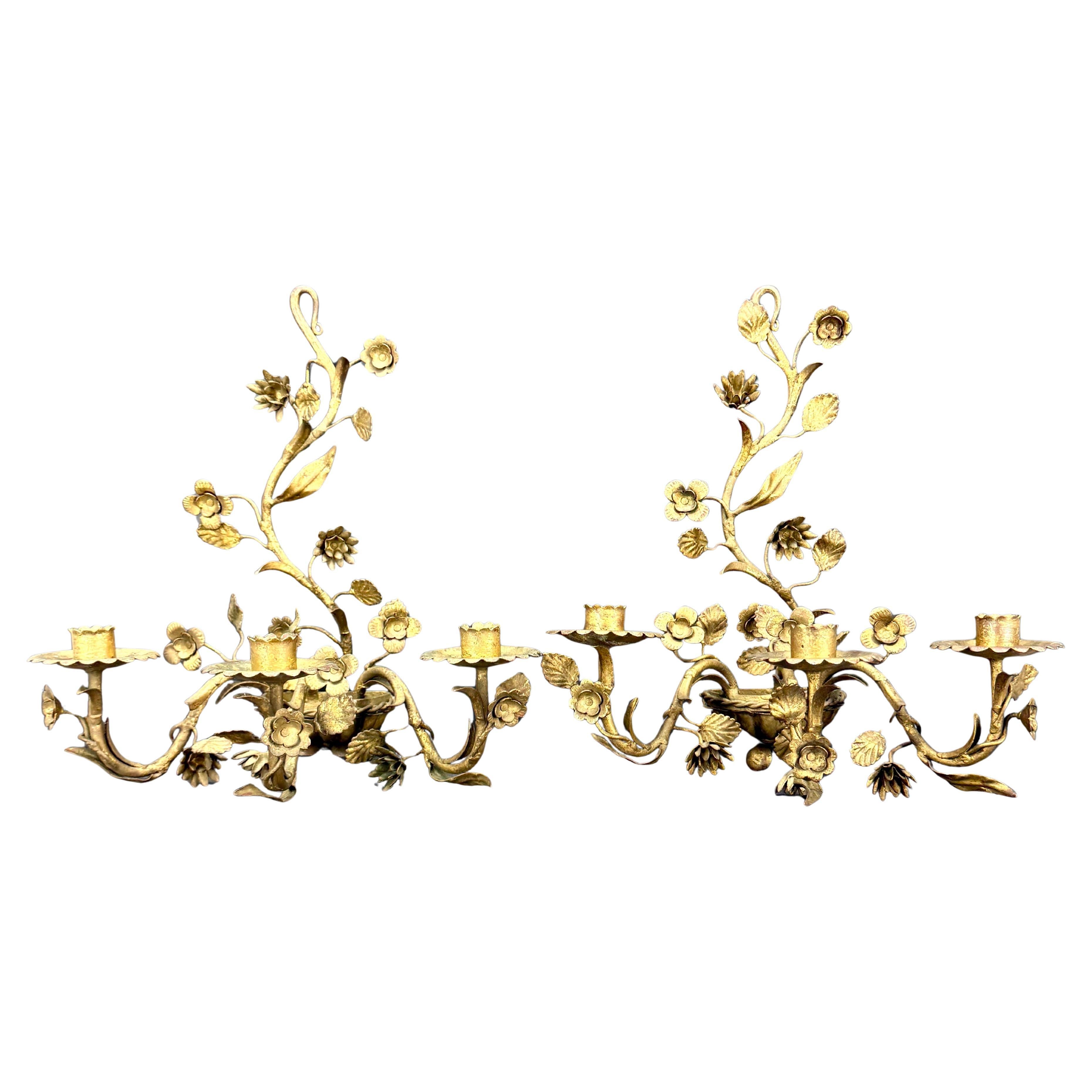Pair Italian Hollywood Regency Gold Gilt Tole Floral Wall Sconces For Sale