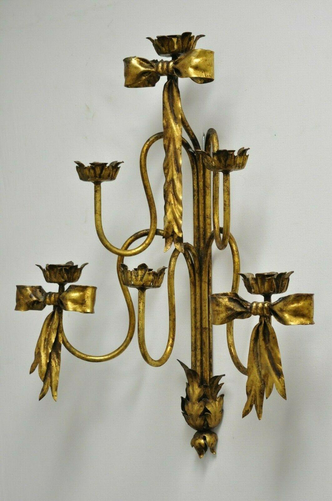 Pair of Hollywood Regency Gold Iron Bow Tole Metal Wall Sconces Candelabra 2