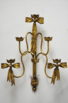 Pair of Hollywood Regency Gold Iron Bow Tole Metal Wall Sconces Candelabra