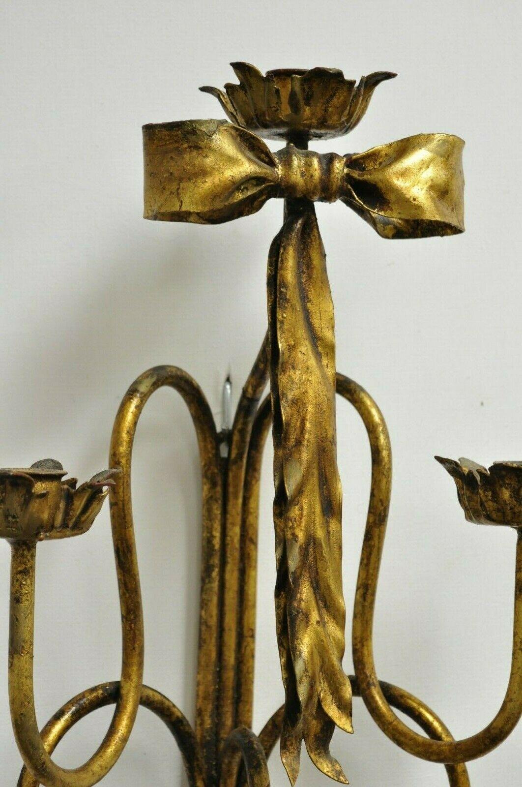 Italian Pair of Hollywood Regency Gold Iron Bow Tole Metal Wall Sconces Candelabra