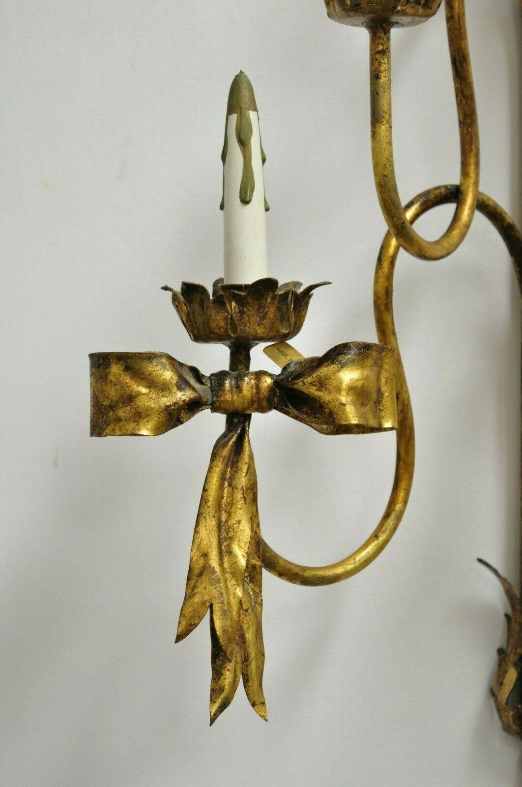 Pair of Hollywood Regency Gold Iron Bow Tole Metal Wall Sconces Candelabra In Good Condition In Philadelphia, PA