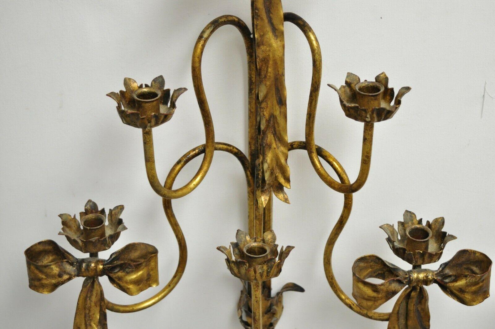 20th Century Pair of Hollywood Regency Gold Iron Bow Tole Metal Wall Sconces Candelabra