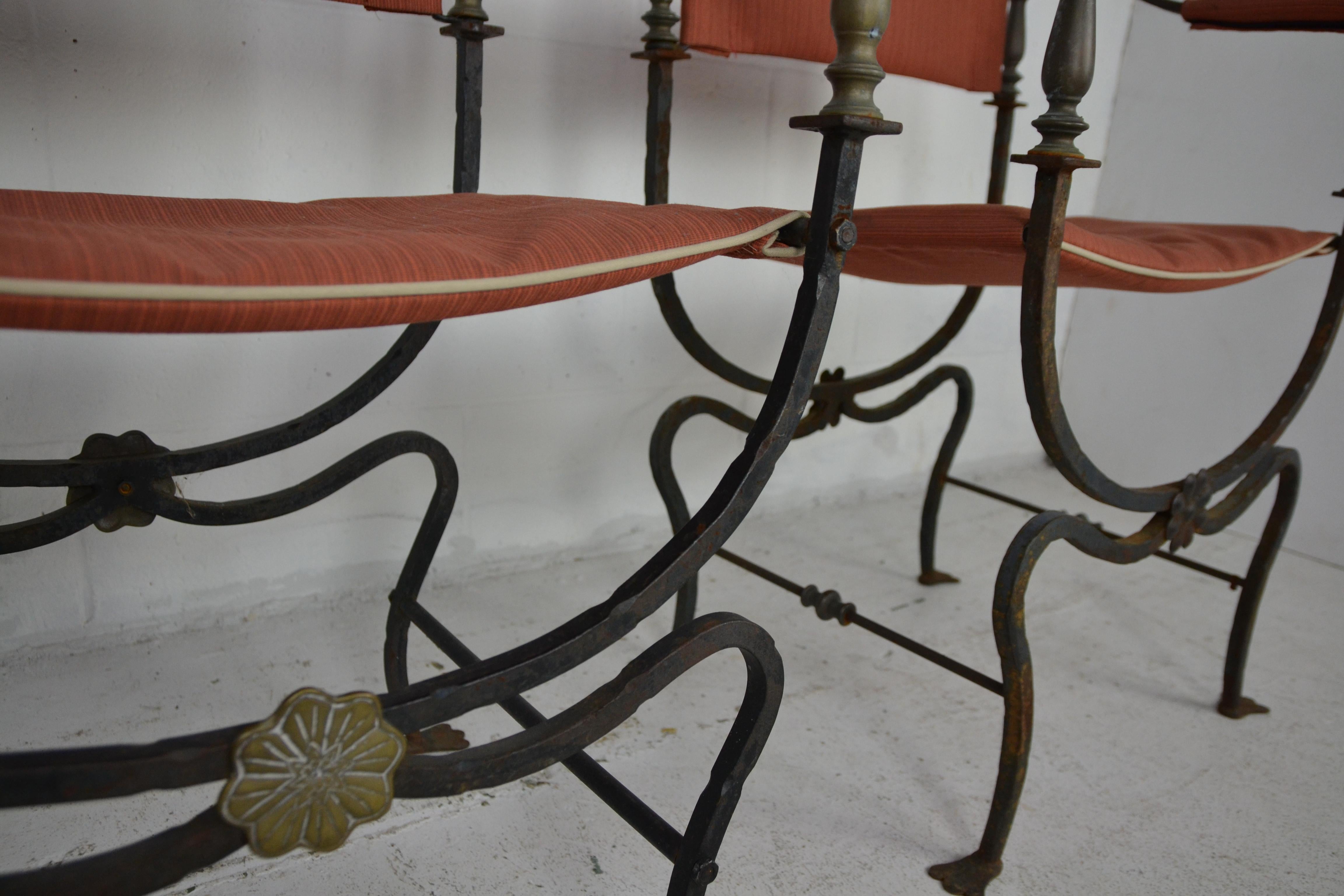 Pair of Italian Iron and Brass Savonarola Chairs 1