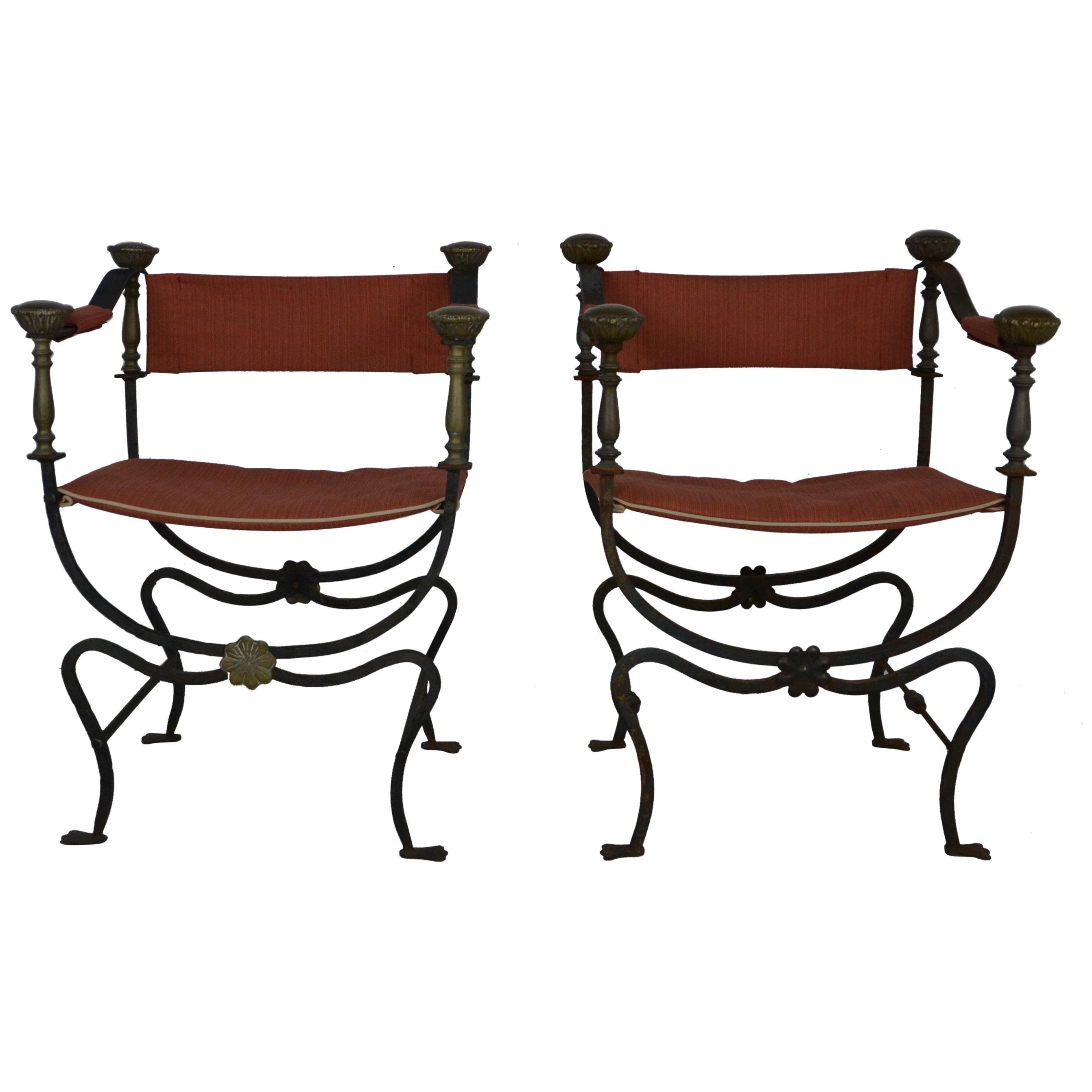 Pair of Italian Iron and Brass Savonarola Chairs