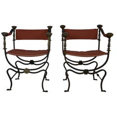 Pair of Italian Iron and Brass Savonarola Chairs