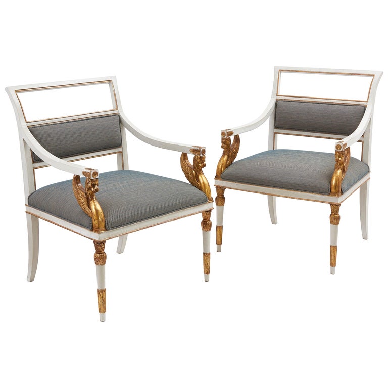 Pair of Italian Large Neoclassical Parcel-Gilt Open Armchairs, circa 1850