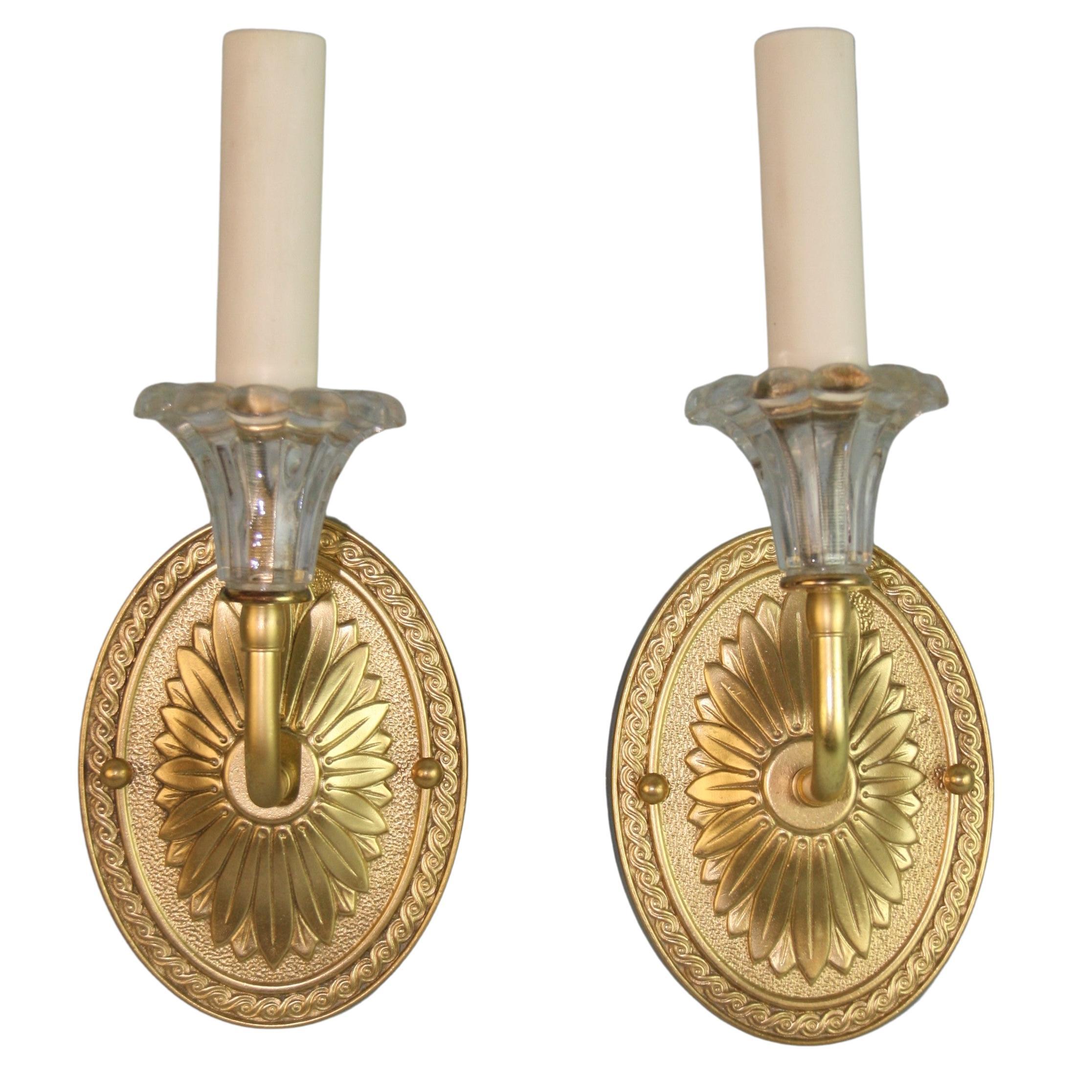 Pair Italian Large Tulip Crystal Glass and Brass Sconces