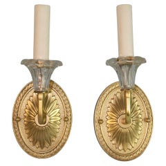 Pair Italian Large Tulip Crystal Glass and Brass Sconces
