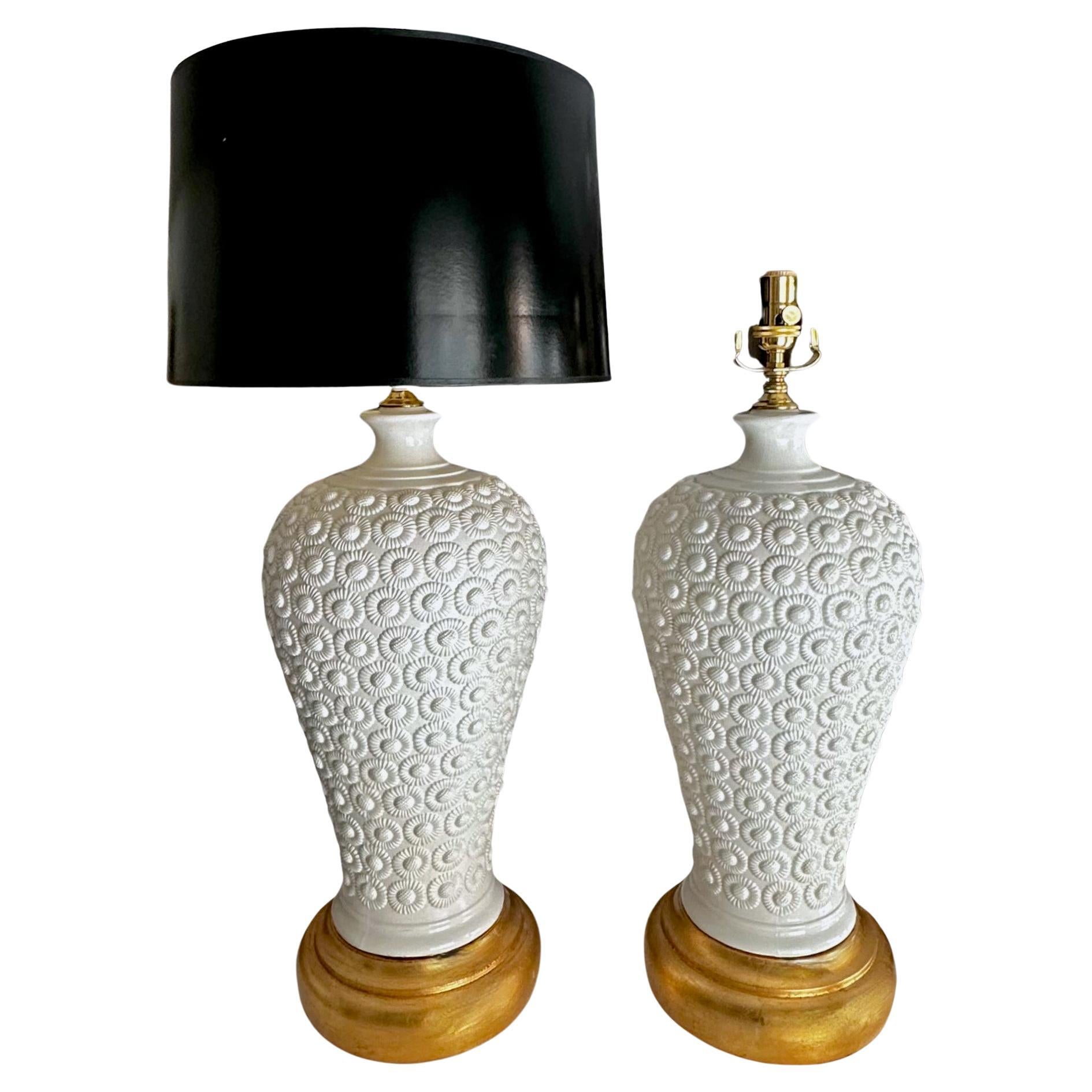 Pair Italian Large White Daisy Porcelain Table Lamps For Sale
