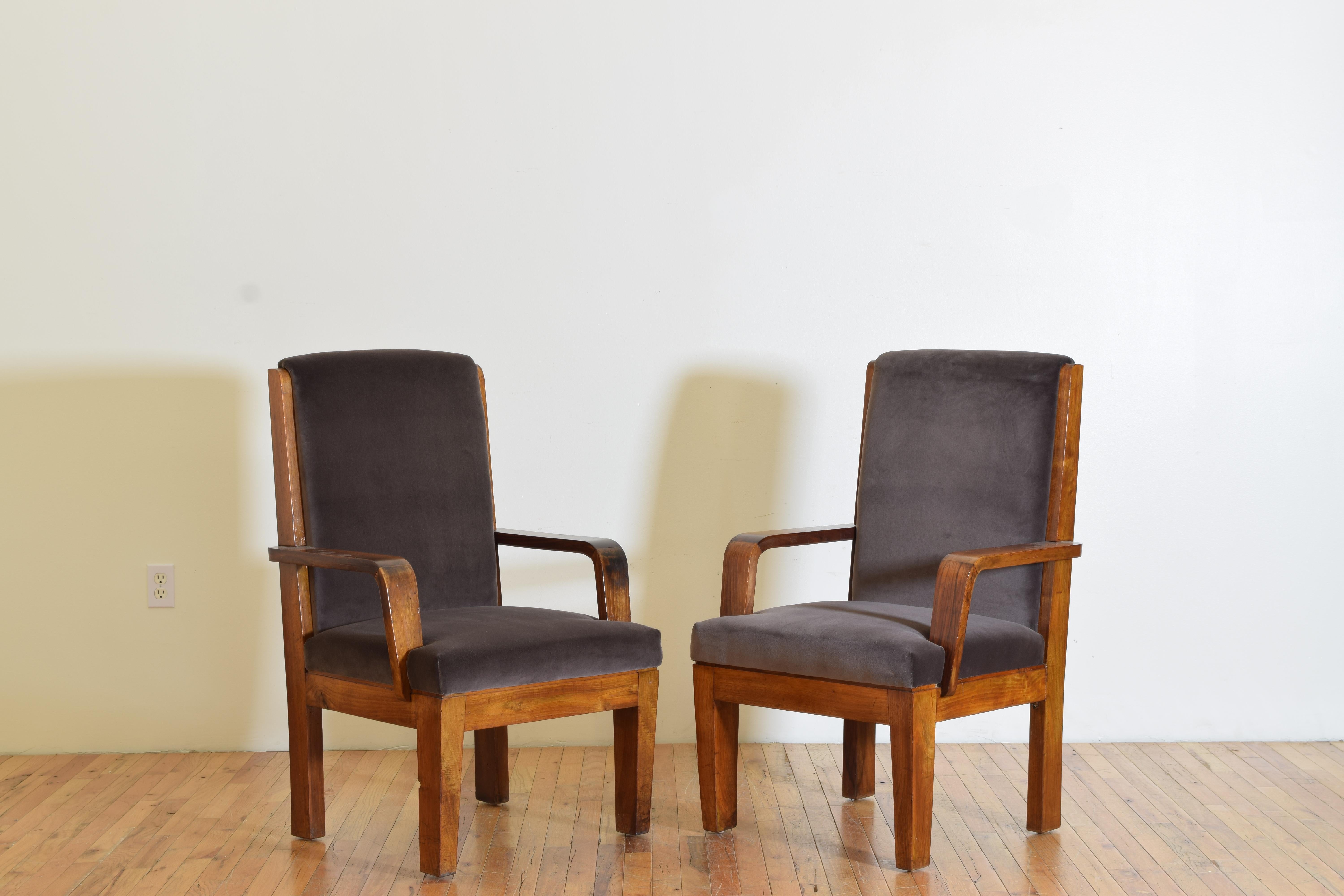 Pair Italian Late Art Deco Walnut & Velvet Upholstered Armchairs, ca. 1930’s In Good Condition In Atlanta, GA