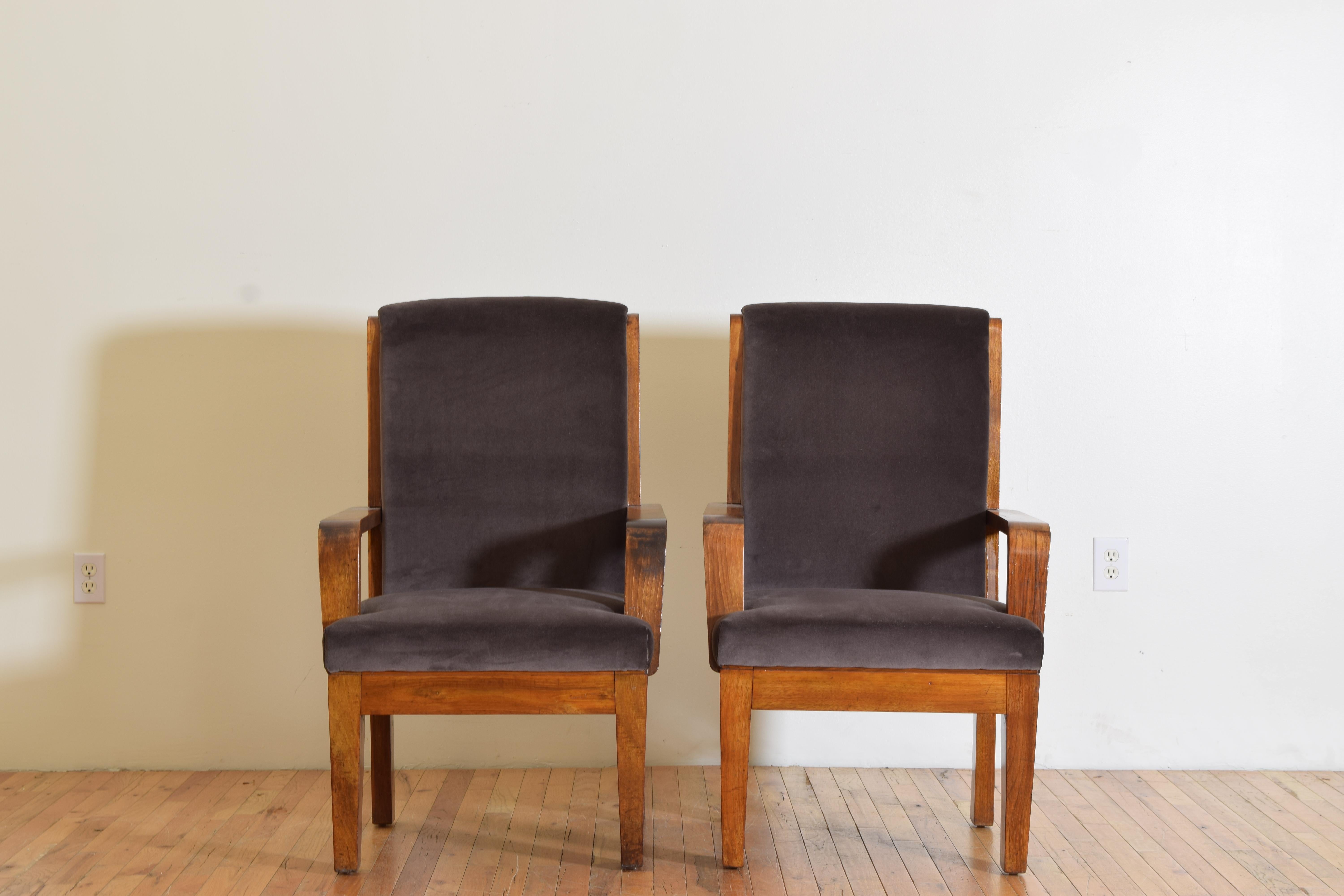 Mid-20th Century Pair Italian Late Art Deco Walnut & Velvet Upholstered Armchairs, ca. 1930’s